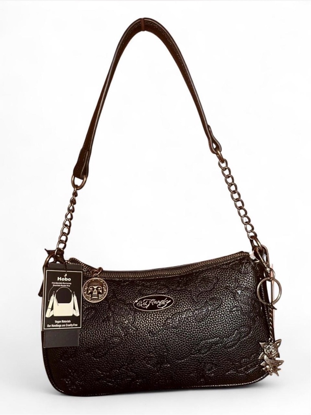 Ed Hardy Black Leather Shoulder Bag with Embossed Tattoo Print